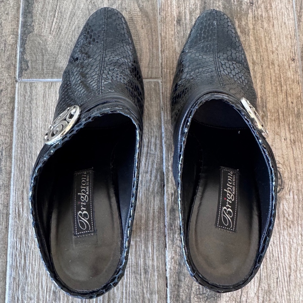 Brighton Ravish Mule Heels Size 8.5 Black Snake Embossed Leather Made in Italy